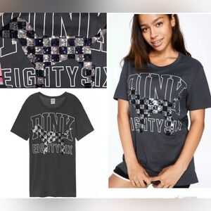 Victoria’s Secret Pink tee pink Bling dog campus  tee pink sequin dog holo gray